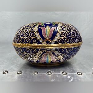Antique Hand Fabricated Glass Enamel Cloisonné Oval
Multicolored Box